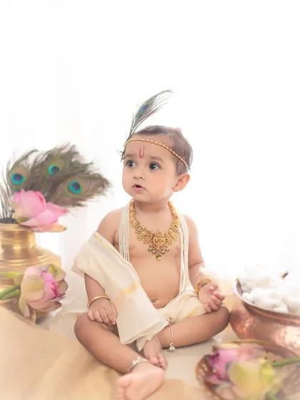 A full-view of the minimalist Krishna setup, showing how even a few carefully chosen props can create a powerful and evocative scene.