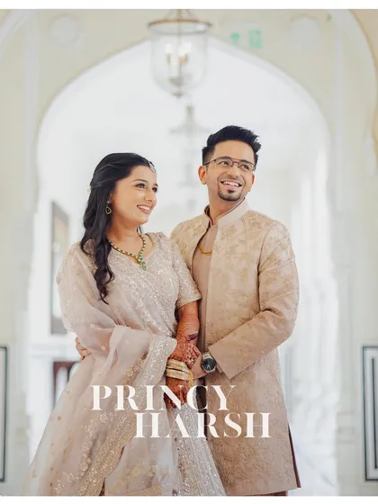 An elegant portrait of Harsh and Princy from their Jaipur engagement. We focus on capturing the couple's happiness and the beautiful details of their outfits and the decor.
