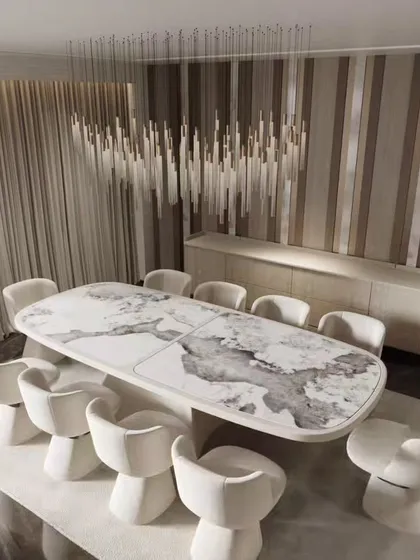 Our 3D visualization extends to every element of a room, including bespoke furniture. This high-angle view of a contemporary dining space emphasizes the sculpted chairs and marble table, showcasing our ability to render product designs with precision and style.