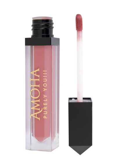 An open tube of pink 'Amoha' lipstick, isolated on white.
