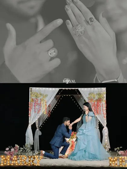 A collage featuring a romantic proposal setup with 'MARRY ME' lights and a close-up of the couple's rings.