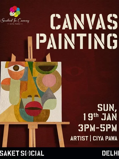 This poster for our Saket Social workshop features a vibrant, abstract Picasso-style face, showcasing the diverse and modern art themes we explore.
