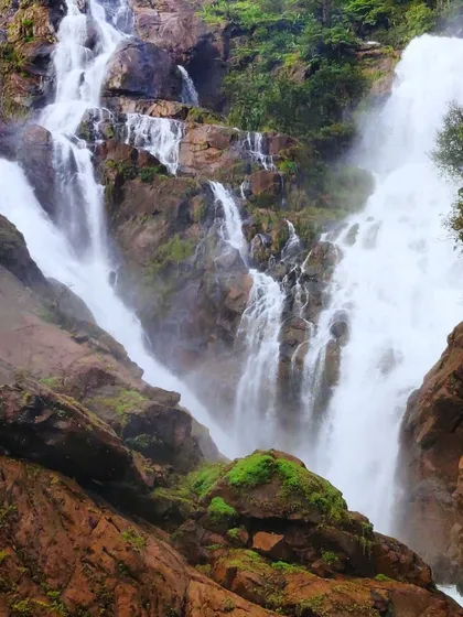 The raw power of Dudhsagar's rapids, a testament to the force of nature during the monsoon season in the Western Ghats.