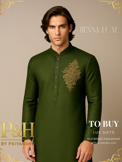 A portrait view of the classic green kurta, focusing on the intricate embroidery.
