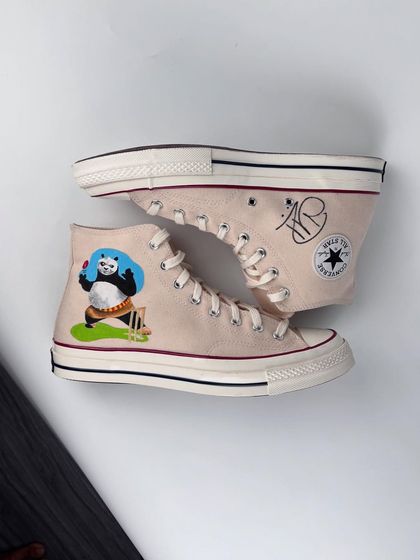 A top-down view of the signed Hardik Pandya custom sneakers.