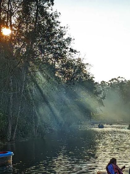 A beautiful, atmospheric shot of Kodai Lake with sunbeams breaking through the mist over the water.