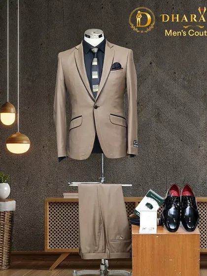 A complete look laid out. This image shows a beige suit, shirt, tie, and shoes, illustrating how I can help you style a full ensemble.