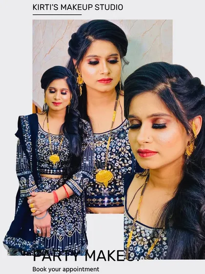 This collage displays a stunning party makeup look with a focus on a twisted, elegant hairstyle. The client's dark, embellished outfit is paired with a bold lip and defined eyes.
