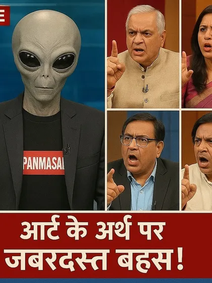 A chaotic news debate panel with an alien, titled 'A fierce debate on the meaning of art!'. This meme-style image satirizes both the current discourse around AI art and the format of Indian TV news.