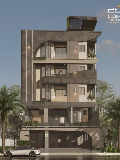 For urban living, we design bold and functional homes like this contemporary G+3 residence on a 40x40 plot. The design uses a textured concrete finish and flowing curves to create a strong sculptural statement, proving that compact spaces can have a grand presence.
