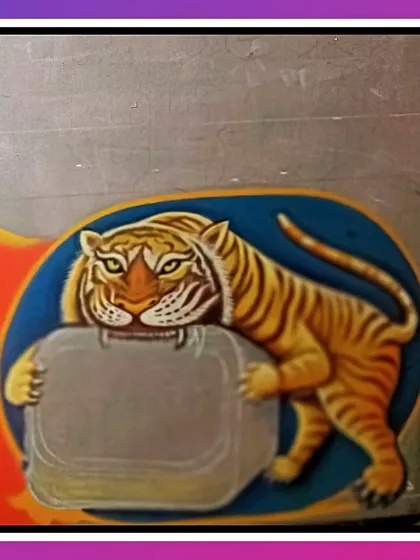 A classic truck art motif of a tiger holding a blank space, often used on the back of vehicles.