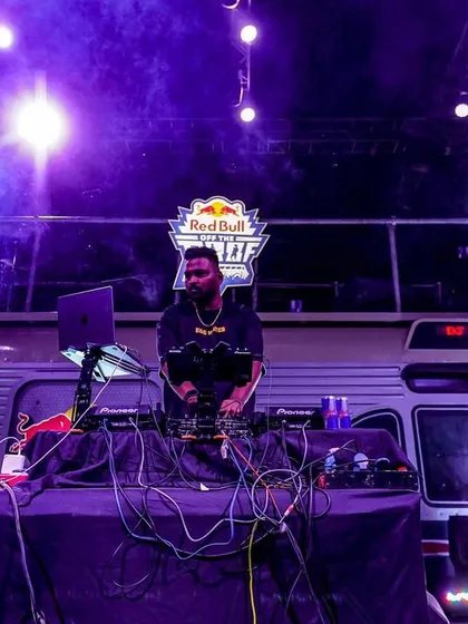 A wider view of my setup on the Red Bull Tour Bus, showing the unique stage design against the night sky.