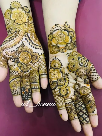 Another angle of the semi-bridal floral design, highlighting the clean application and intricate details on the palms and fingers.