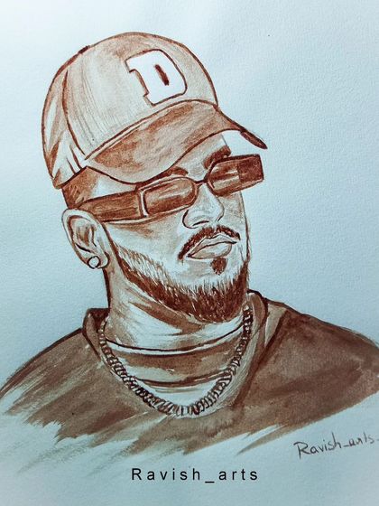 A finished blood art portrait of Kannada rapper Rahul Dito. I aimed to capture his cool 'gangsta' persona, complete with his signature cap and shades, as a tribute to his impact on the music scene.