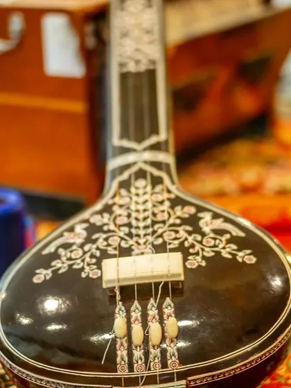 A close up of the beautifully crafted tanpura. This instrument is more than just wood and strings; it is a vessel for a sound that helps center the mind and open the heart.
