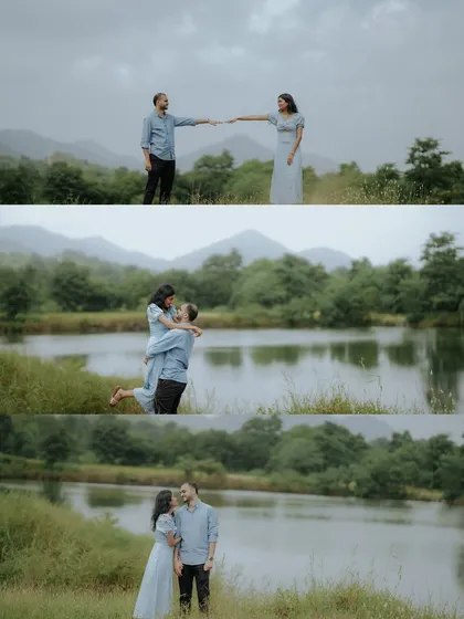 A collage showcasing the romantic and playful moments of a lakeside pre-wedding shoot. The vast, green landscape provides a stunning backdrop for their love story.