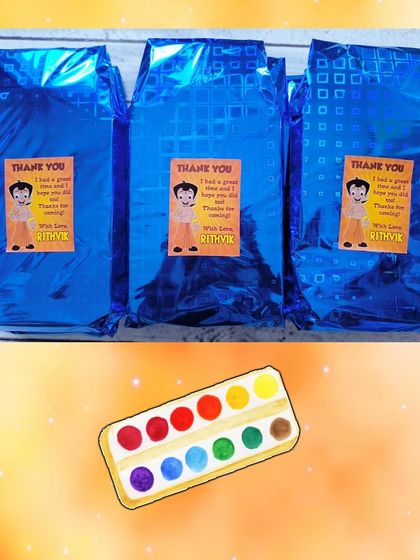 For this order, the stationery sets were wrapped in blue foil paper with a custom Chhota Bheem thank you sticker.