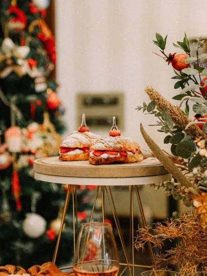A festive shot of my strawberry croissants served at a Christmas party. They add a touch of elegance to any holiday spread.