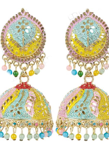 My multi-color Meenakari jhumkas are perfect for when you can't decide on one color. The playful mix of pink, yellow, and blue makes them a versatile accessory for your Navratri or Garba outfits.