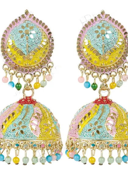 A truly festive, multi-color jhumka. This piece combines pastel shades of pink, yellow, and blue with small colorful beads, making it a fun and versatile accessory for any celebration.