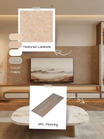 For a Japandi-style TV unit, use a textured laminate and SPC flooring in a neutral color palette. The focus on subtle textures and earthy tones creates a calm and uncluttered entertainment area.
