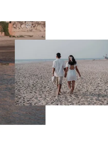 A collage showing the couple walking away on the sand, hand in hand. It’s a beautiful metaphor for starting their new journey together.