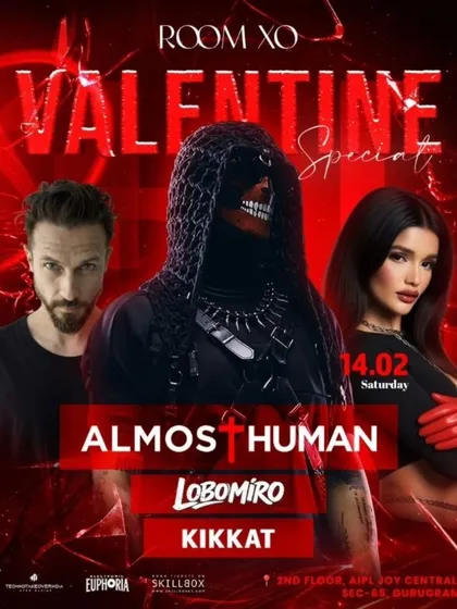A Valentine's Special club night poster featuring electronic artists Almost Human, Lobomiro, and Kikkat.