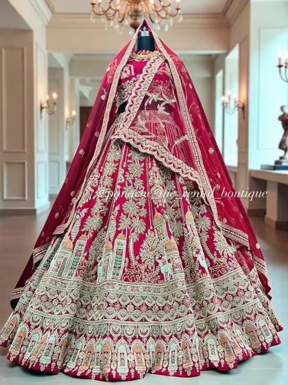 For the bride who dreams of a grand fairytale entrance, I crafted this magnificent red bridal lehenga. The intricate embroidery tells a story of palaces and processions, creating a look of unparalleled regality. Every detail is designed to make you feel like royalty on your wedding day.
