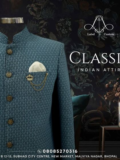 This graphic showcases a classic Indian attire piece, a textured blue bandhgala. It represents my commitment to creating timeless ethnic wear that is both stylish and deeply rooted in tradition.