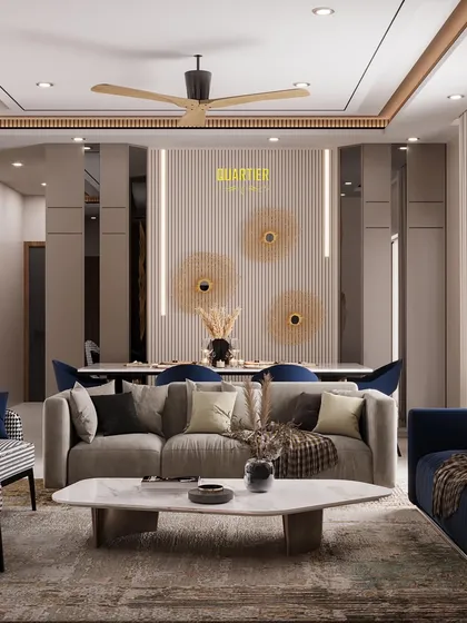 This 3D render for a living area at ATS Rhapsody showcases a contemporary design with clean lines and subtle colors. The layout is designed to be open and airy, with modern furniture pieces that are both stylish and comfortable.