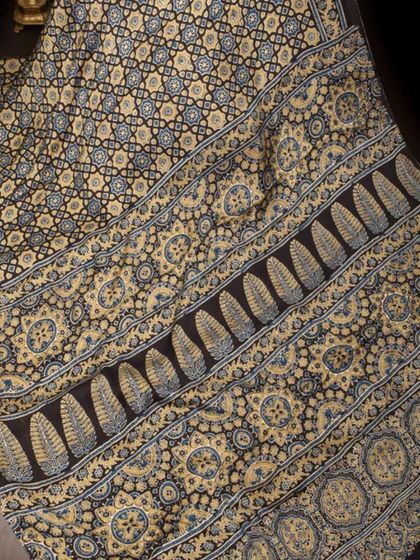 Another stunning example of Ajrakh printing, this fabric features geometric and floral motifs in a classic indigo and beige palette.