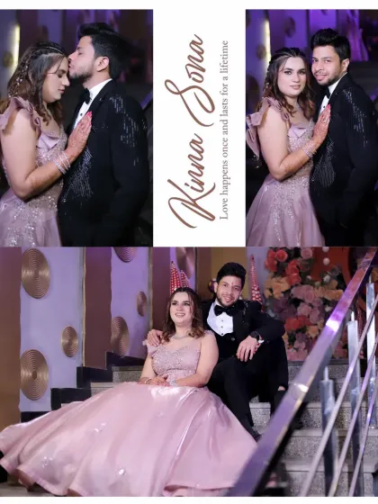 A romantic collage of a couple from their engagement or reception. The photos capture sweet moments like a kiss on the forehead and a shared laugh, telling a story of "Kinna Sona" love.