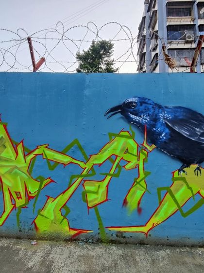 A closer look at my wildstyle lettering from the blue wall jam. This style is all about complex, interlocking letters that create a sense of movement and energy.