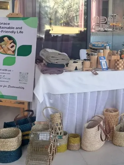 Our product display at an event, showcasing a wide array of our eco-friendly baskets, bags, and home goods. This setup demonstrates our commitment to providing sustainable solutions for both personal and corporate needs.