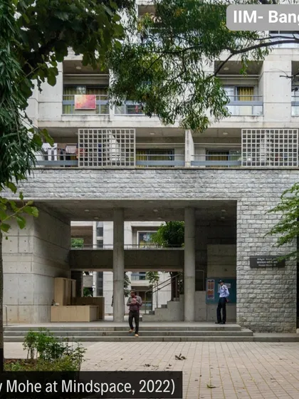 The entrance to the new hostel at IIM Bangalore, completed in 2022. We designed this entrance to be porous and inviting, using a blend of the campus's signature stone with modern exposed concrete to create a structure that respects its legacy while asserting its own identity.