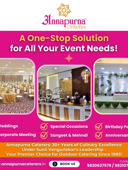 This graphic explains our one-stop solution for all event needs. It shows images of our banquet hall, catering setup, and stage decor, highlighting our services for weddings, corporate meetings, sangeet, and more.
