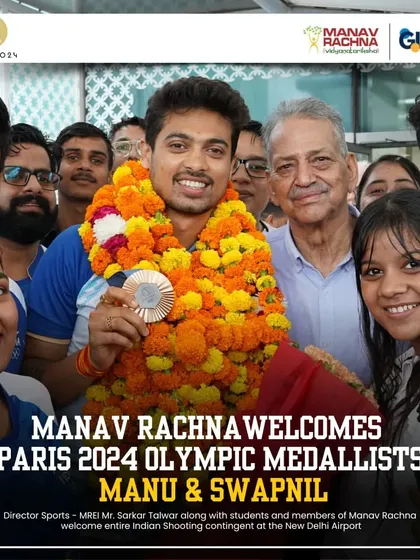 A collage celebrating the welcome of Paris 2024 Olympic medalists Manu Bhaker and Swapnil Kusale by our students and staff at the New Delhi Airport.