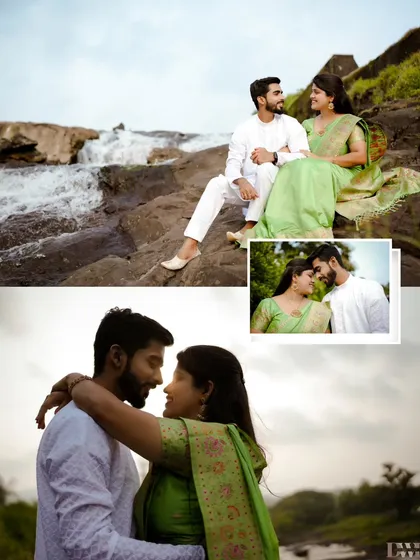 A collage blending two different looks from the same pre-wedding shoot. It shows the couple in both traditional and modern attire, set against a beautiful waterfall backdrop.