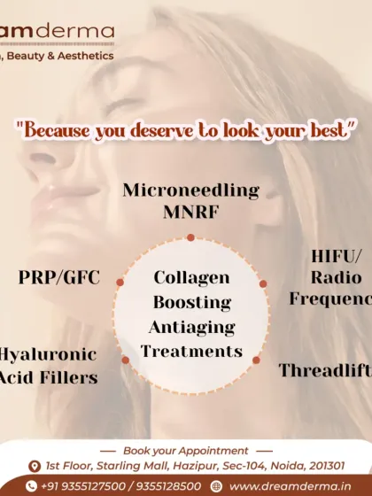 You deserve to look your best. This graphic highlights my top collagen-boosting and anti-aging treatments, including Microneedling, PRP, Fillers, and HIFU.