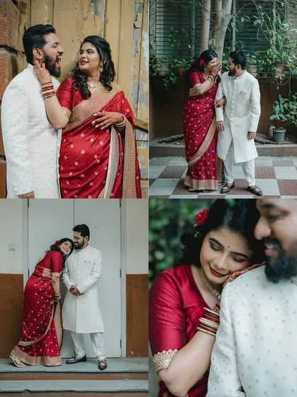 A collage of a couple's intimate post-wedding shoot. The playful and romantic moments captured against old, rustic architecture create a charming and timeless feel.