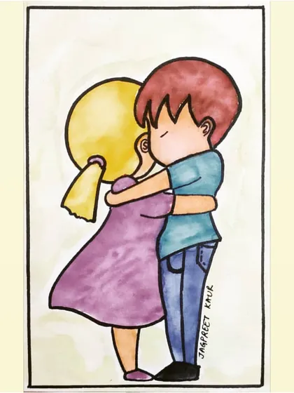 A colorful watercolor illustration of a hug. After a long time of distance, I created this piece as a hopeful reminder that no hug, no touch, no presence should ever be taken for granted again.