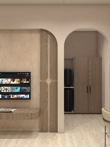A 3D render showing a minimalist TV unit with arched architectural details, which continue into the rest of the room for a cohesive design.