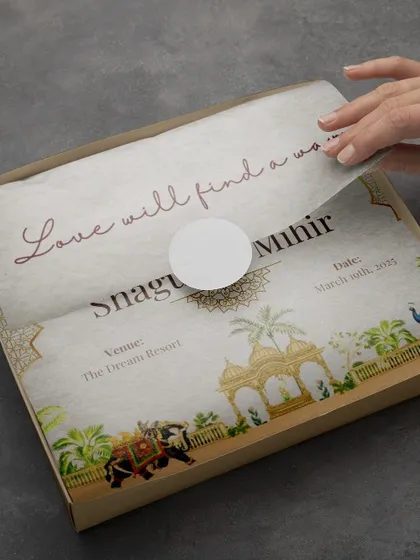 There's something so special about a physical invitation box. This one I designed for Shagun and Mihir had a beautiful, traditional Indian theme with custom illustrations of elephants and peacocks. I can create a full suite, from the box to the inserts, all tied together perfectly.