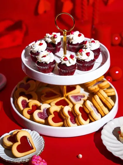 A two-tiered stand filled with Valentine's Day treats, including red velvet cupcakes and heart-shaped cookies. The bold, monochromatic red theme creates a passionate and festive look.