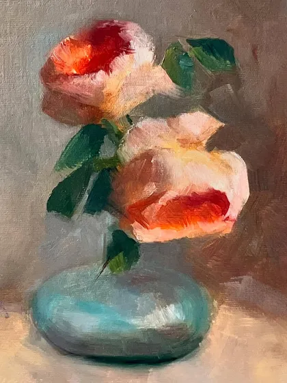 A still life of roses in a vase, painted in oil on linen. This was a practice piece done while following a live demo by artist Paul Fauxton, where I learned so much about color and chroma.