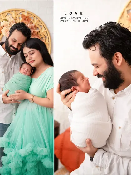 A collage showcasing the tender moments of a newborn session. From the baby swaddled in mint green to the father's adoring gaze, each frame tells a story of new love.