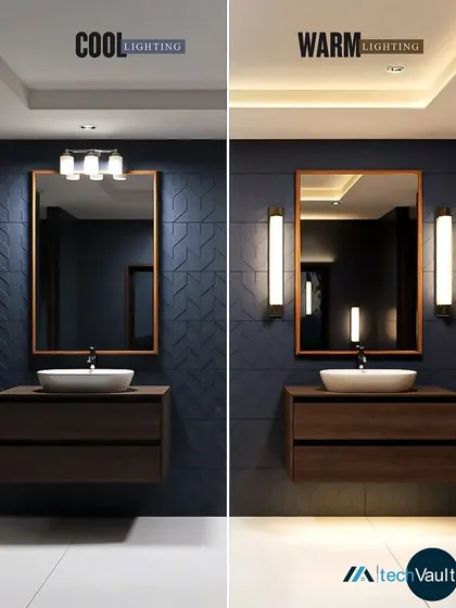 Cool or warm? You decide. This split image of a modern bathroom demonstrates how tunable lighting can completely change the look and feel of a space, from energizing to relaxing.