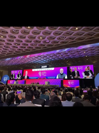 A wide shot of the Global Fintech Fest 2025, an event with over 100,000 attendees. Our team managed show calling, console operations, and breakout rooms, handling addresses from global leaders including PM Narendra Modi.
