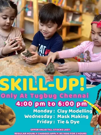 Three young creators completely absorbed in their clay modeling. This activity is perfect for developing fine motor skills and tactile awareness in a fun, social setting.