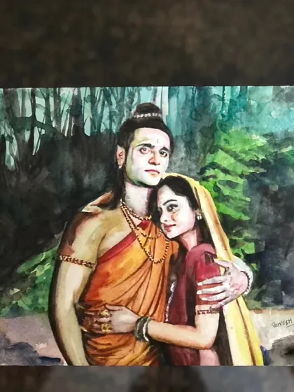 A watercolor painting of Lord Ram and Sita Mata, created for Ram Navami. A moment of peace and divine love captured in the forest.